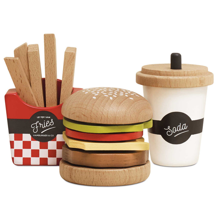 le toy van wooden french fries, handburger with lettuce and tomoto, and soda cup perfect for kids pretend play