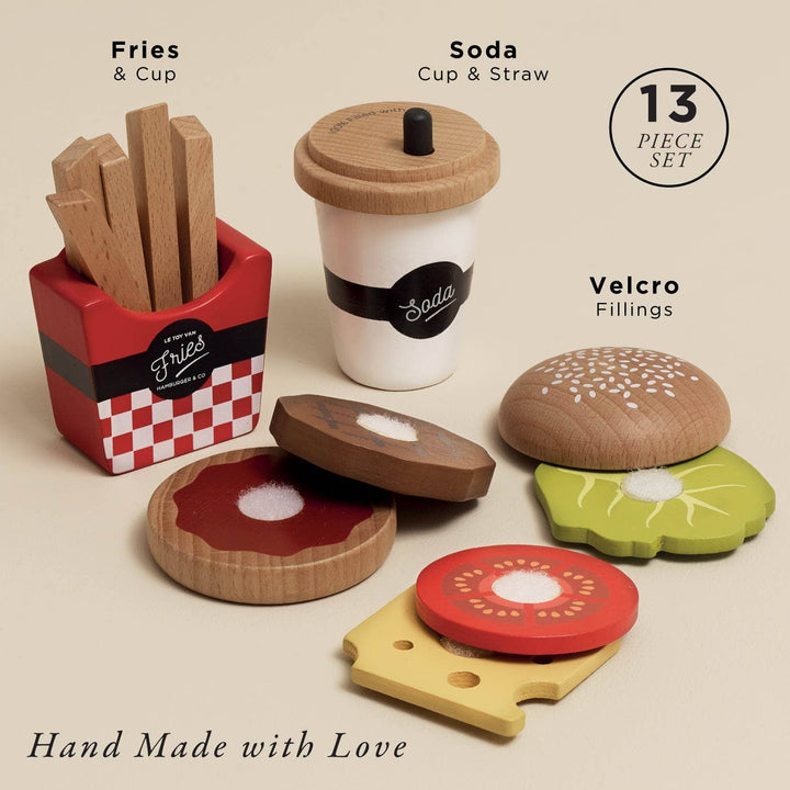 thirteen piece kitchen play let toy van burger and french fries play food set