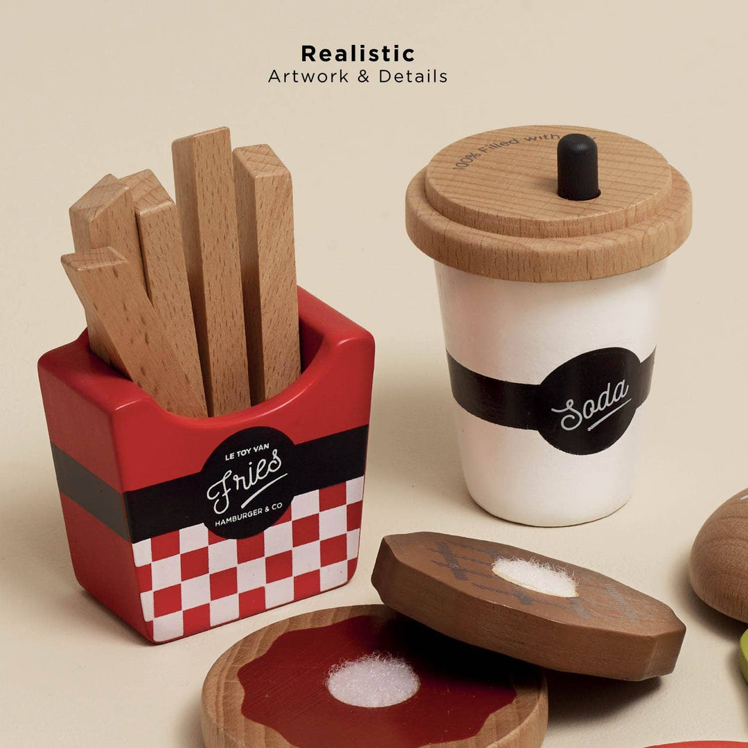 close up of realistic details of the la toy van wooden hamburger and french fries play set 