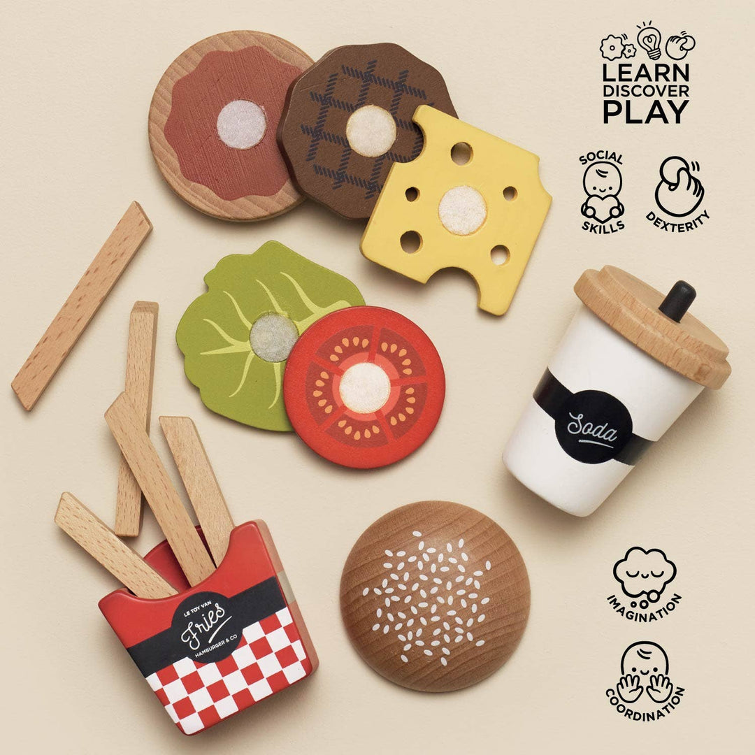 ley toy van gourmet burger set including french fries, patty, tomatoes, and lettuce displayed on table top 