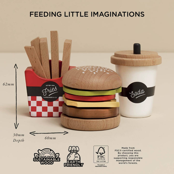 sustainable wood hamburger pretend play set with soda and french fries created by le toy van