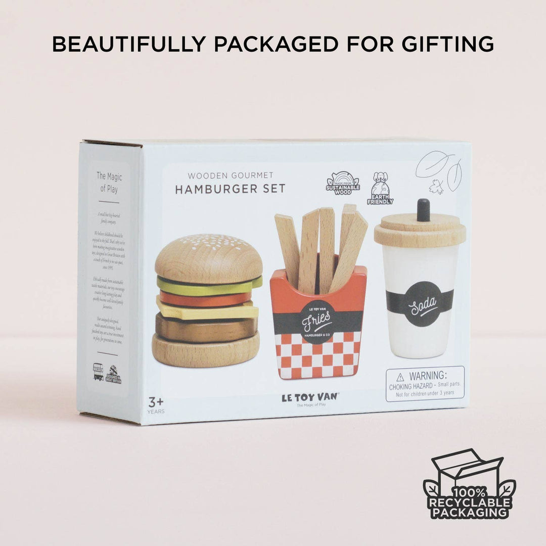 le toy van gourmet burger wooden play set packaging
