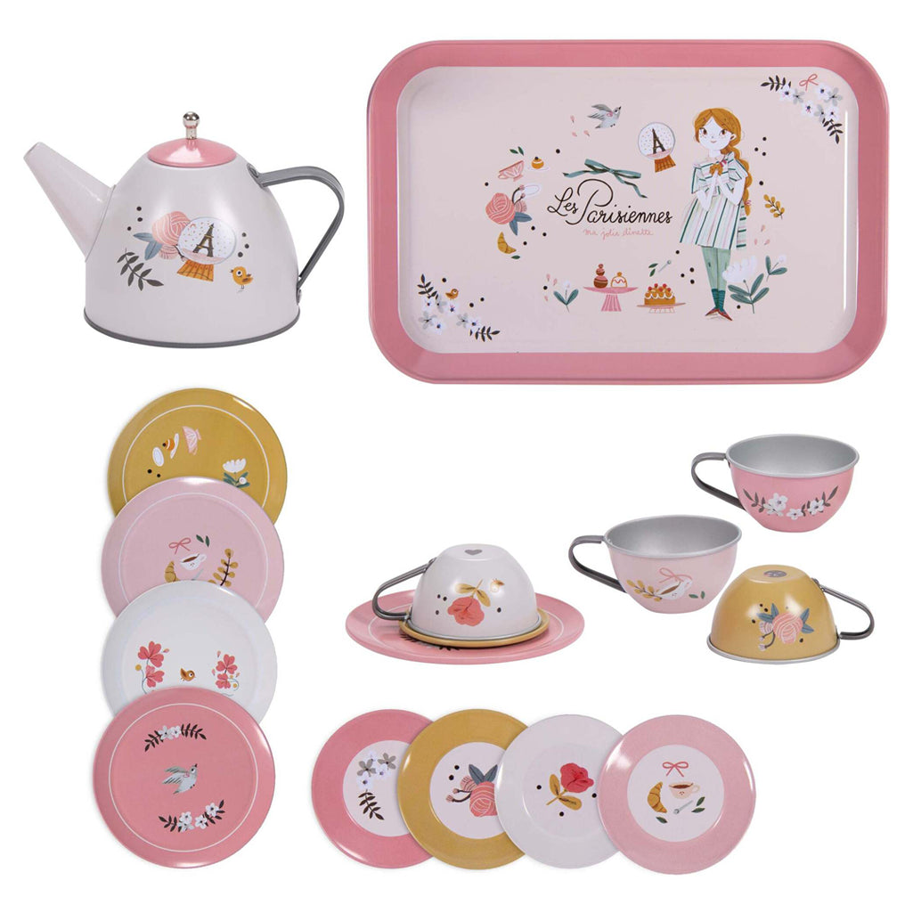 Moulin Roty Children's Tea Set in Pink with dishware for pretend play