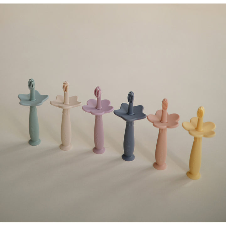 Top View of Training Toothbrushes A top view of several Mushie training toothbrushes showcasing their soft bristles and vibrant colors