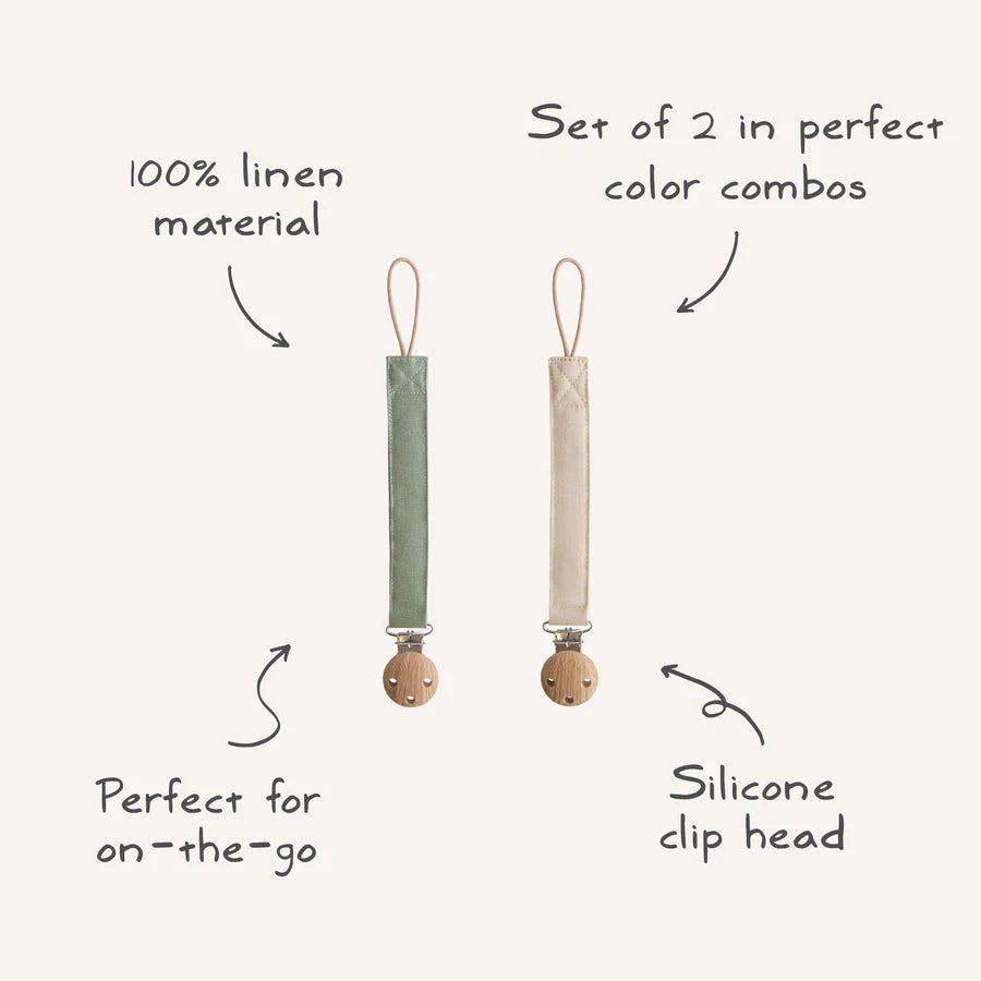 Classic Sage Mushie Linen Pacifier Clip ensures baby pacifier stays clean and easy to find.
