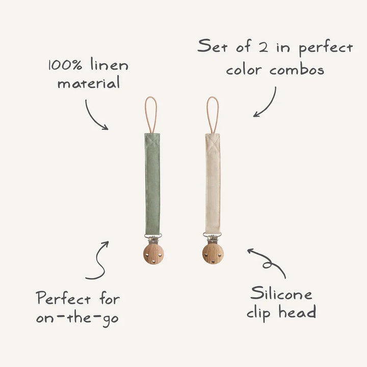 Classic Sage Mushie Linen Pacifier Clip ensures baby pacifier stays clean and easy to find.