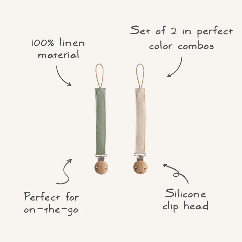Classic Sage Mushie Linen Pacifier Clip ensures baby pacifier stays clean and easy to find.
