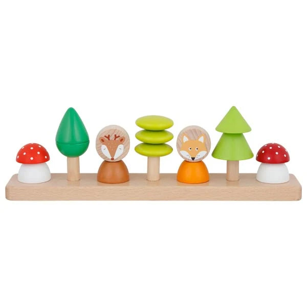 Goki wooden toy set with animals, trees, and mushrooms color and shape sorting