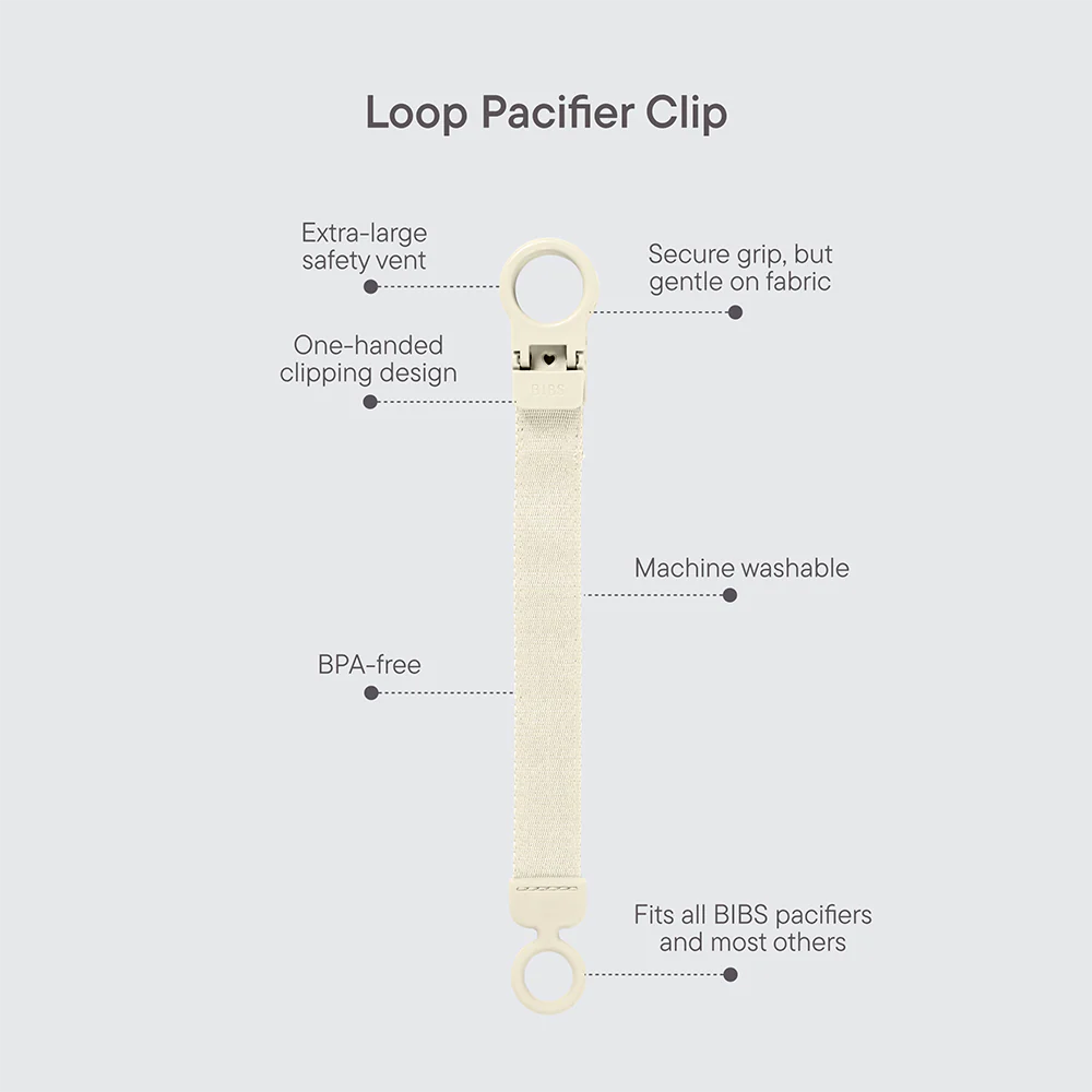 Close-up of BIBS Pacifier Clip loop, versatile pacifier holder clip design.