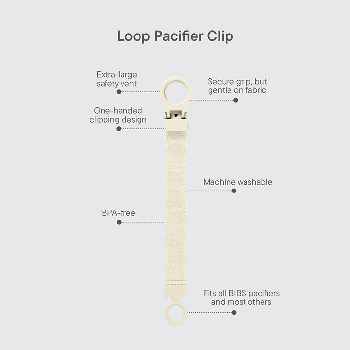 Close-up of BIBS Pacifier Clip loop, versatile pacifier holder clip design.