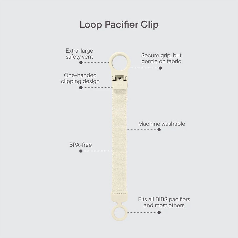 Close-up of BIBS Pacifier Clip loop, versatile pacifier holder clip design.