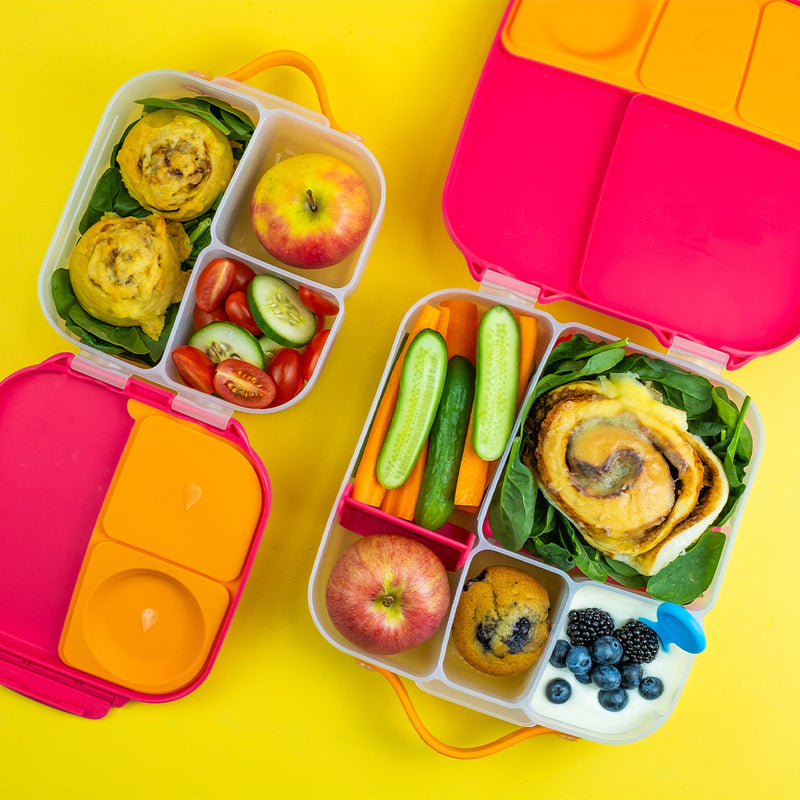 bbox lineup of mini and jumo sized bento boxes in strawberry shake