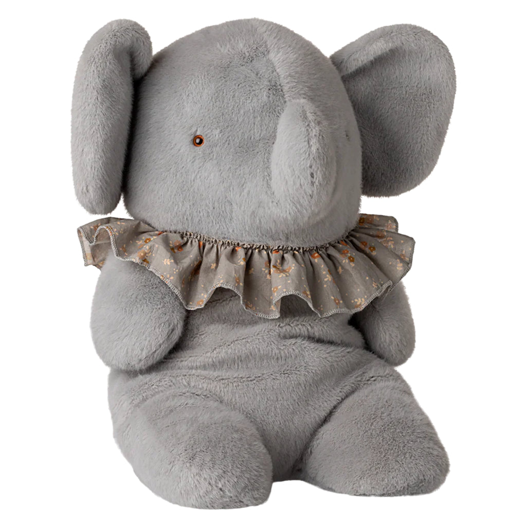 A lovable Maileg Safari Friends Elephant in Blue Gray stands ready for hugs as one of the cutest plush toys.