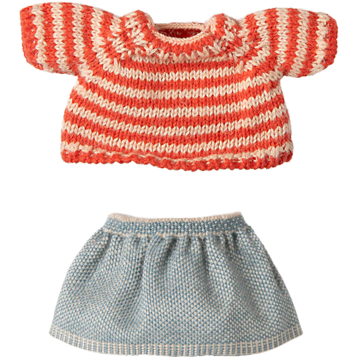 maileg mouse big sister red striped sweater and knit blue skirt 