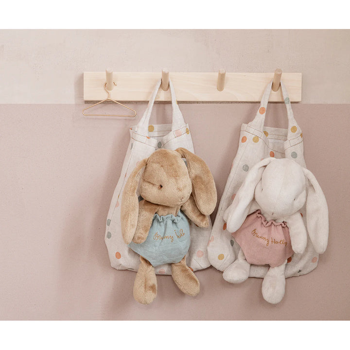 stuffed animal bunny rabbit with maileg travel bag to hang up 
