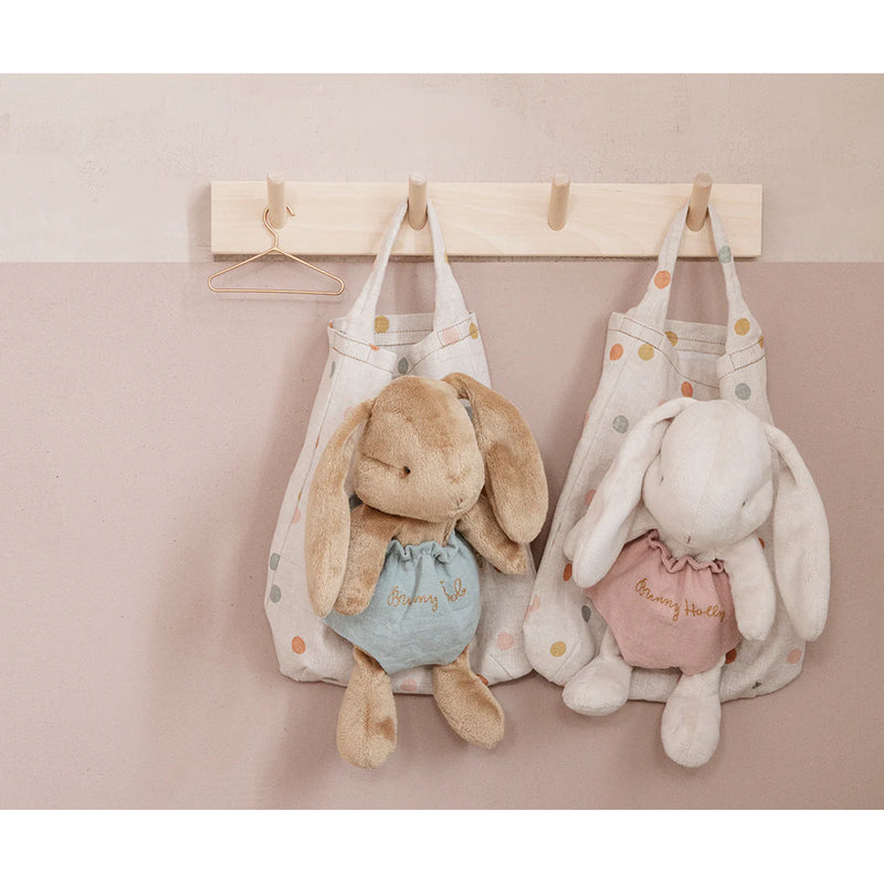 stuffed animal bunny rabbit with maileg travel bag to hang up 