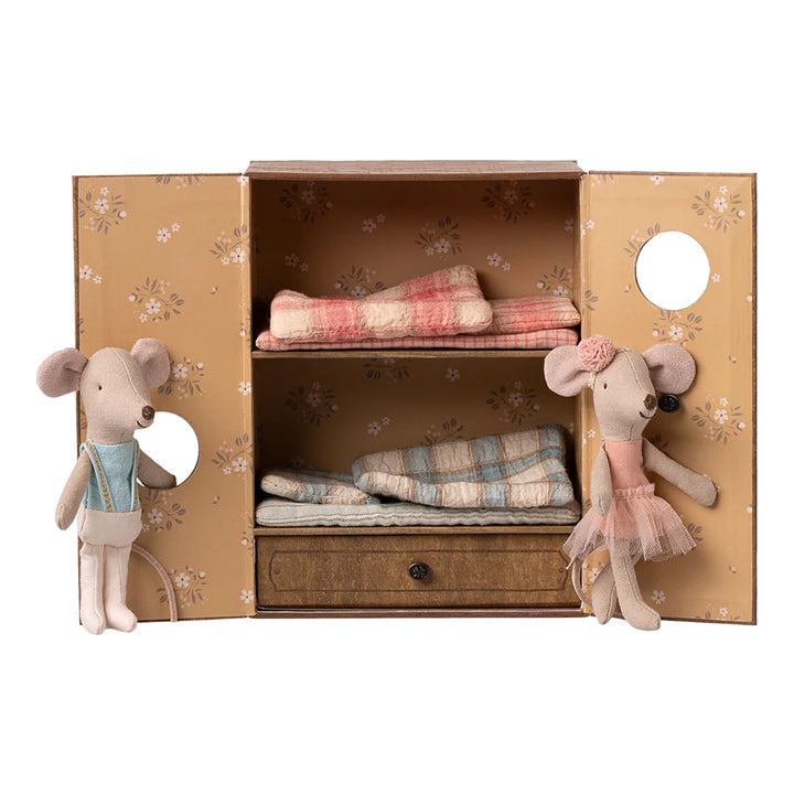 Maileg Ballet Mouse in Dance Studio posed gracefully for tiny Maileg mouse play.