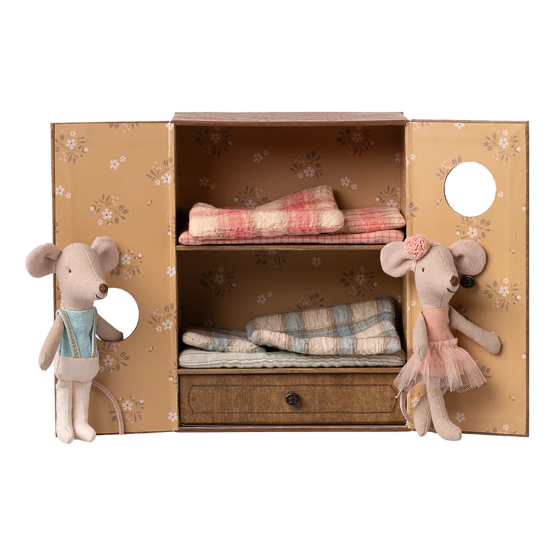 Maileg Ballet Mouse in Dance Studio posed gracefully for tiny Maileg mouse play.