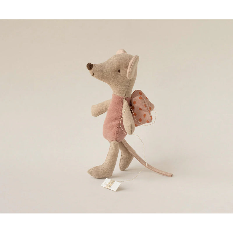 The Maileg Fairy Mouse stands ready for pretend play beside a favorite doll.