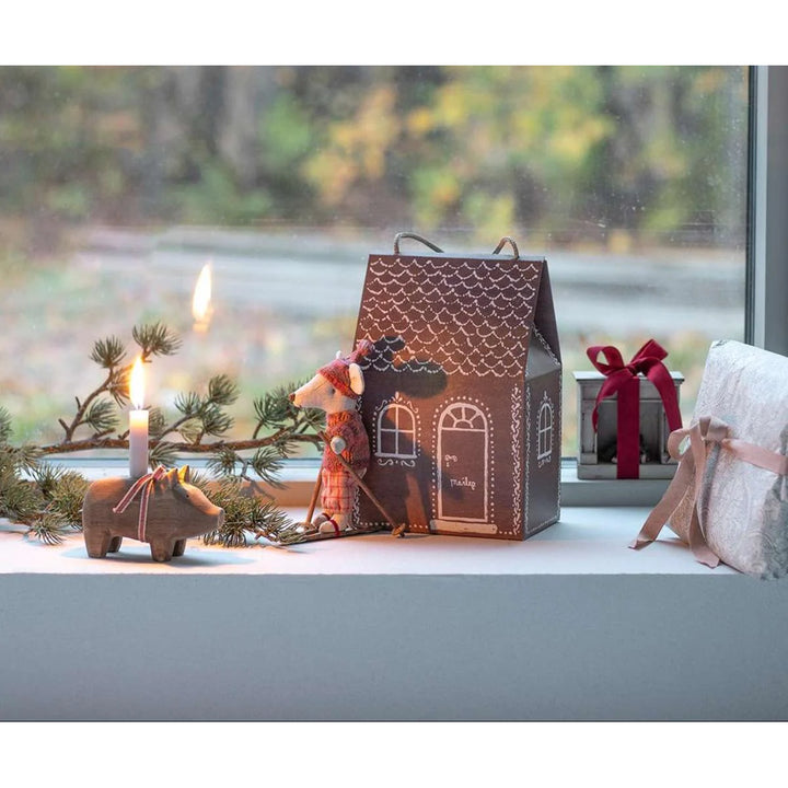 ginger bread house gift bag on windowsill with other maileg mouse christmas decor 