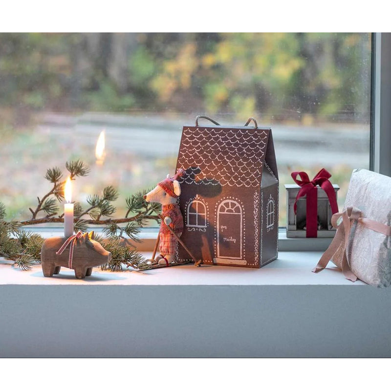 ginger bread house gift bag on windowsill with other maileg mouse christmas decor 
