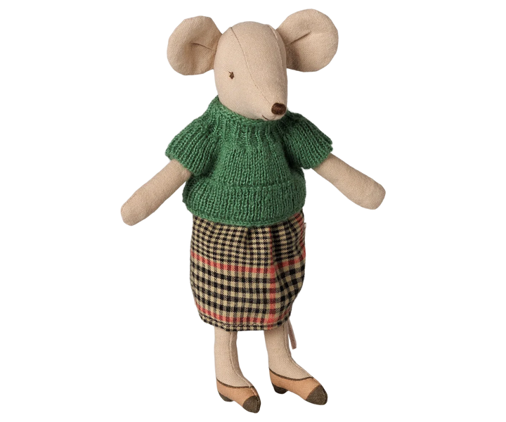 Maileg Grandma Mouse in a green knitted blouse and checked skirt, dollhouse family doll
