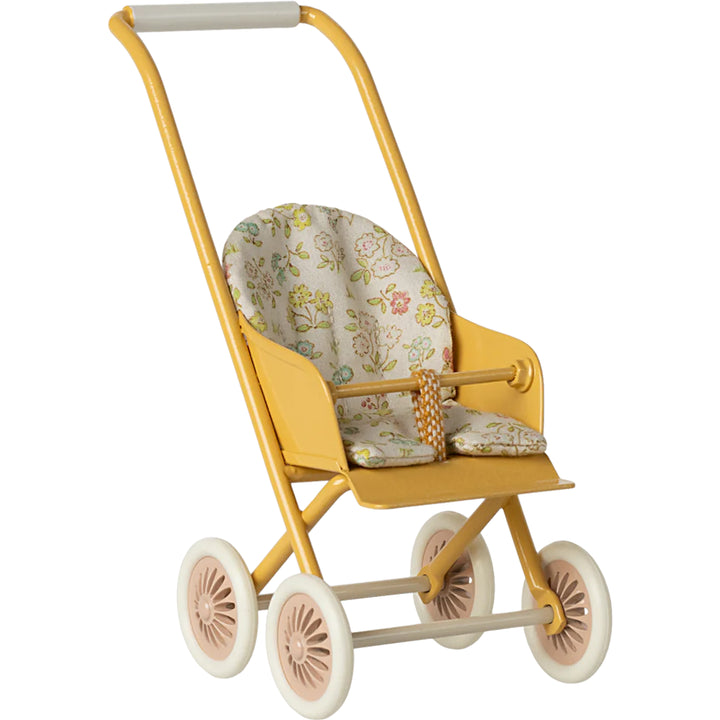 maileg micro stroller in yellow with pink and blue flowers shop dolls shop dollhouse for toddler