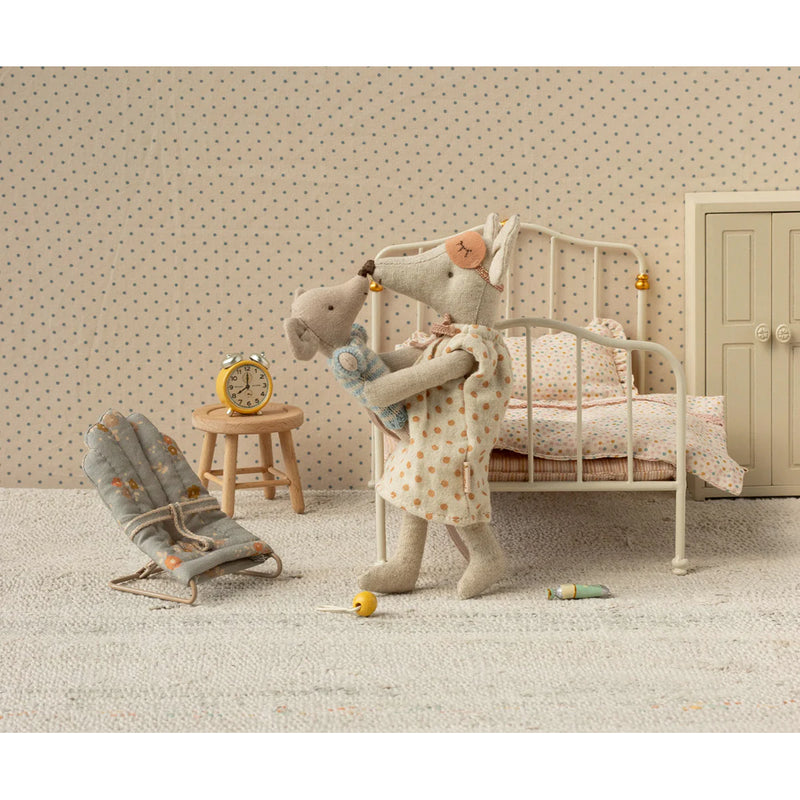 maileg mouse house bedrooom with mum mouse and vintage bed and blue my babysitter 