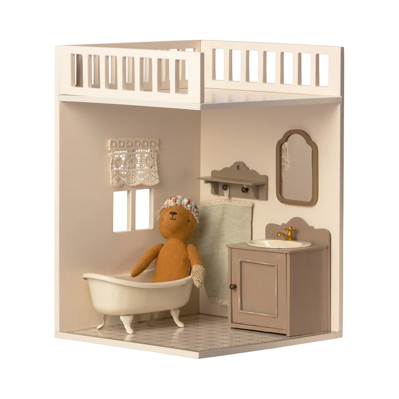 A bright view of the Maileg House of Miniature Bathroom Extension, a charming upgrade for any Maileg dollhouse.