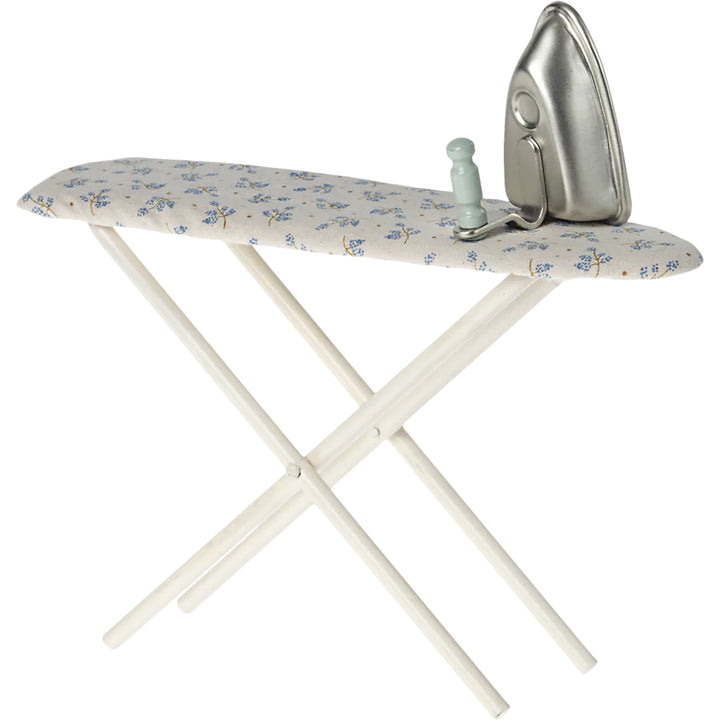 Maileg Miniature Iron and Ironing Board displayed as charming dollhouse furniture for playful home scenes.