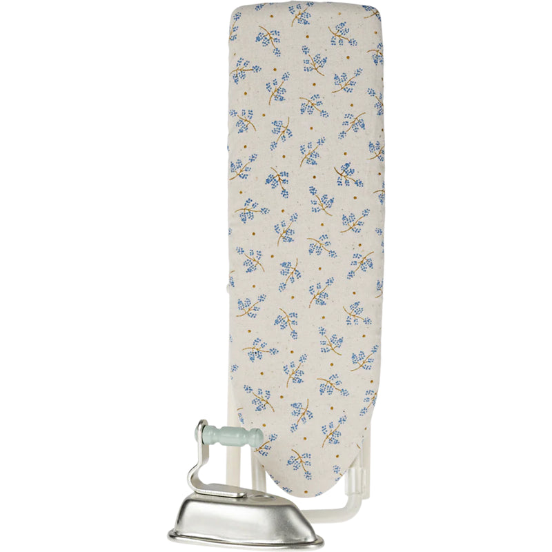 A cozy setup featuring the Maileg Miniature Iron and Ironing Board, perfect for dollhouse miniature styling.
