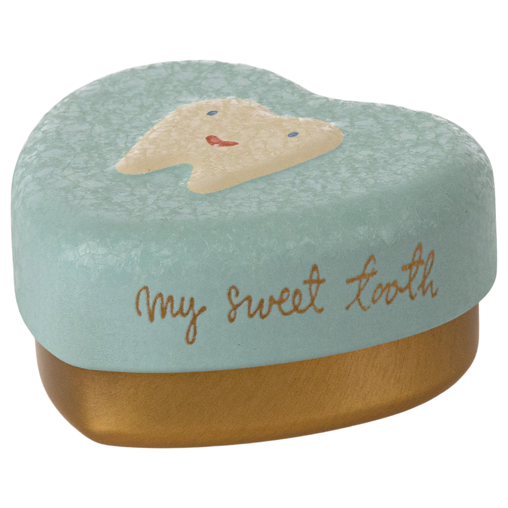 Maileg Mint Tooth Box shown in a soft mint hue, highlighting this charming keepsake tin for any Maileg mouse collection.