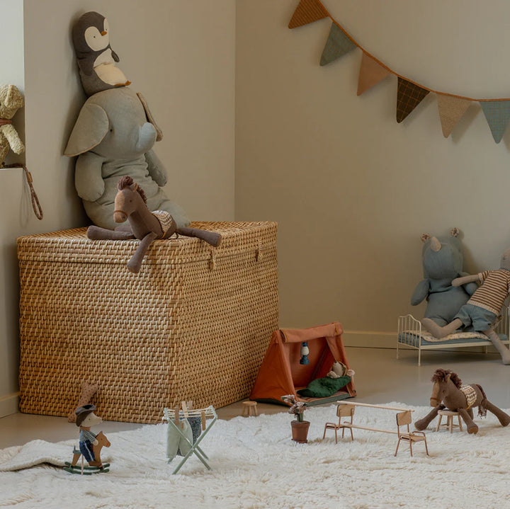 maileg muse camping dollhouse set up with cowboy mouse and pony doll 