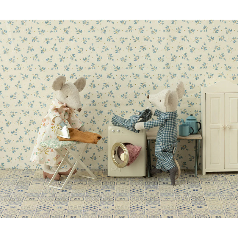 Maileg Mouse Washing Machine enhances dollhouse furniture with miniature laundry style.