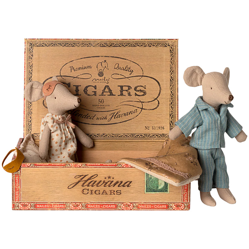 maileg dad and mom mouse set of two matchbox mice in cigar box 