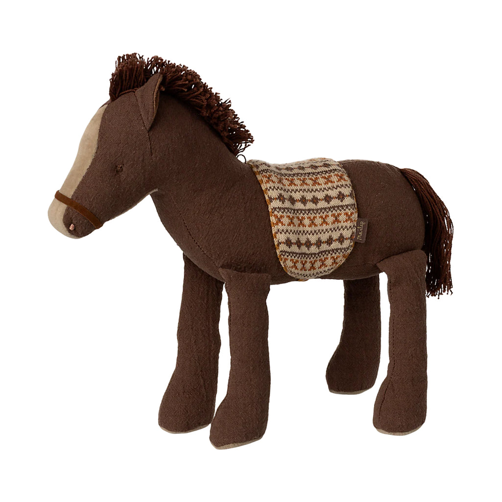 horse doll with woven blanket and maileg tag 