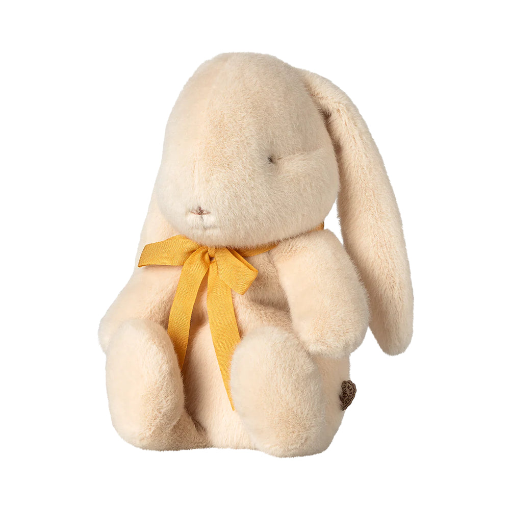 cream maileg stuffed animal bunny with yellow bow against white background