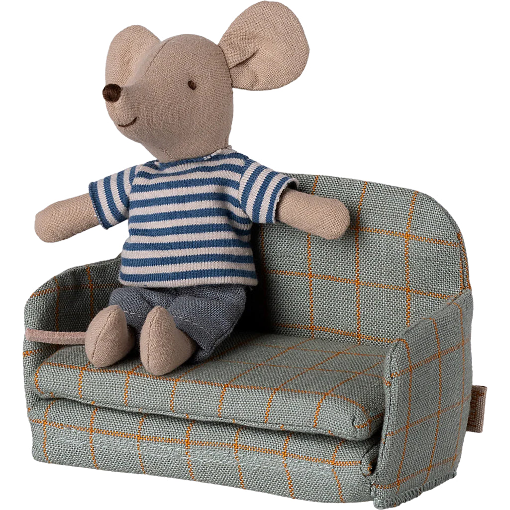 A whimsical touch appears as the Maileg Mouse Sofa Bed brings life to dollhouse accessories play.