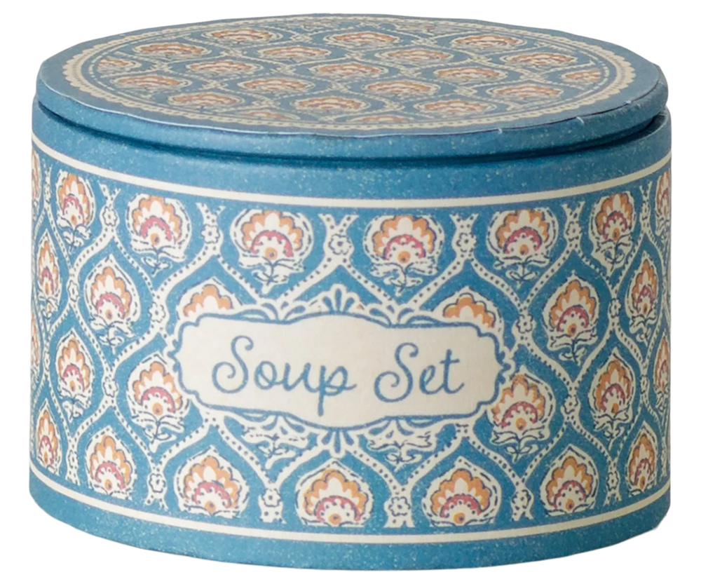 Boxed Maileg Soup Set tin with floral pattern, mouse dollhouse mealtime accessory