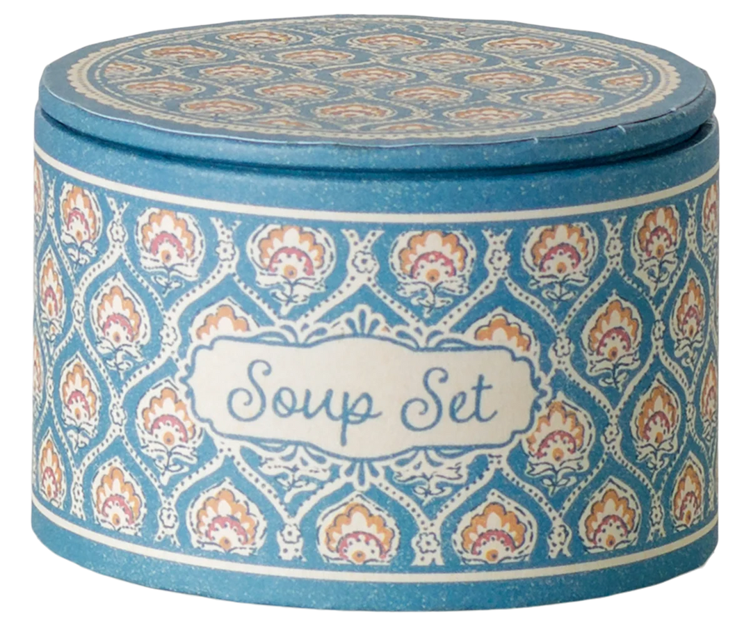 Boxed Maileg Soup Set tin with floral pattern, mouse dollhouse mealtime accessory