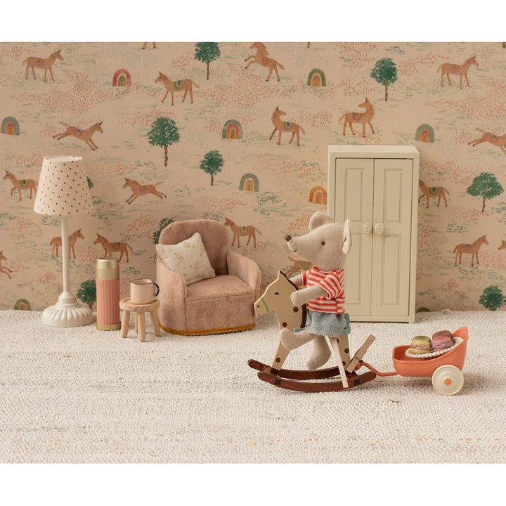 A delightful Maileg Spotted Mouse Rocking Horse presented as miniature dollhouse accessories for pretend play.
