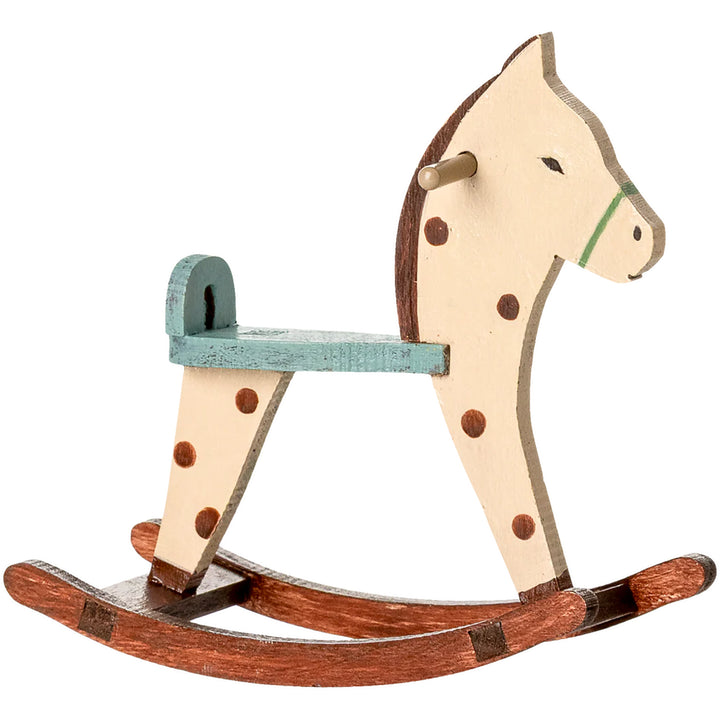 Maileg Spotted Mouse Rocking Horse shown as a sweet touch for any Maileg dollhouse display.