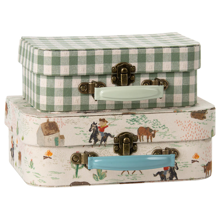 Maileg Suitcase Set shown in a charming pony print, perfect for Maileg mice adventures.