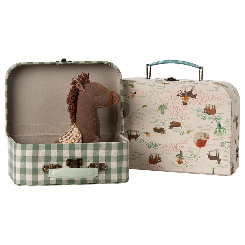 Pony-print Maileg Suitcase Set offering whimsical detail for miniature dollhouse accessories.