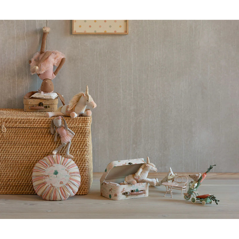 Unicorn-print Maileg Suitcase Set adding magical flair to dollhouse miniature accessories.