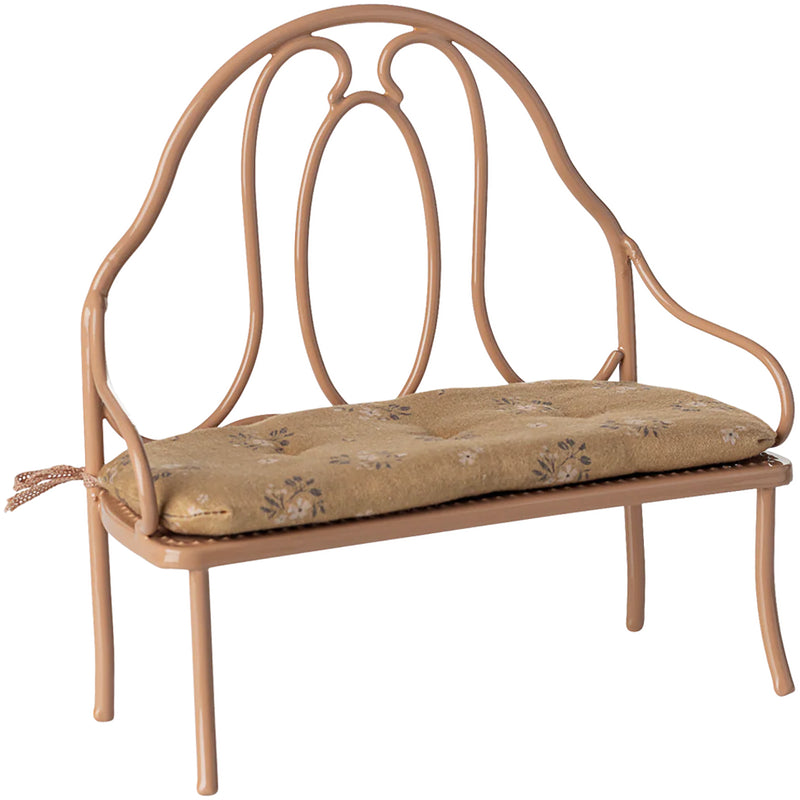 dark powder pink vintage metal maileg bench with yellow floral cushion 