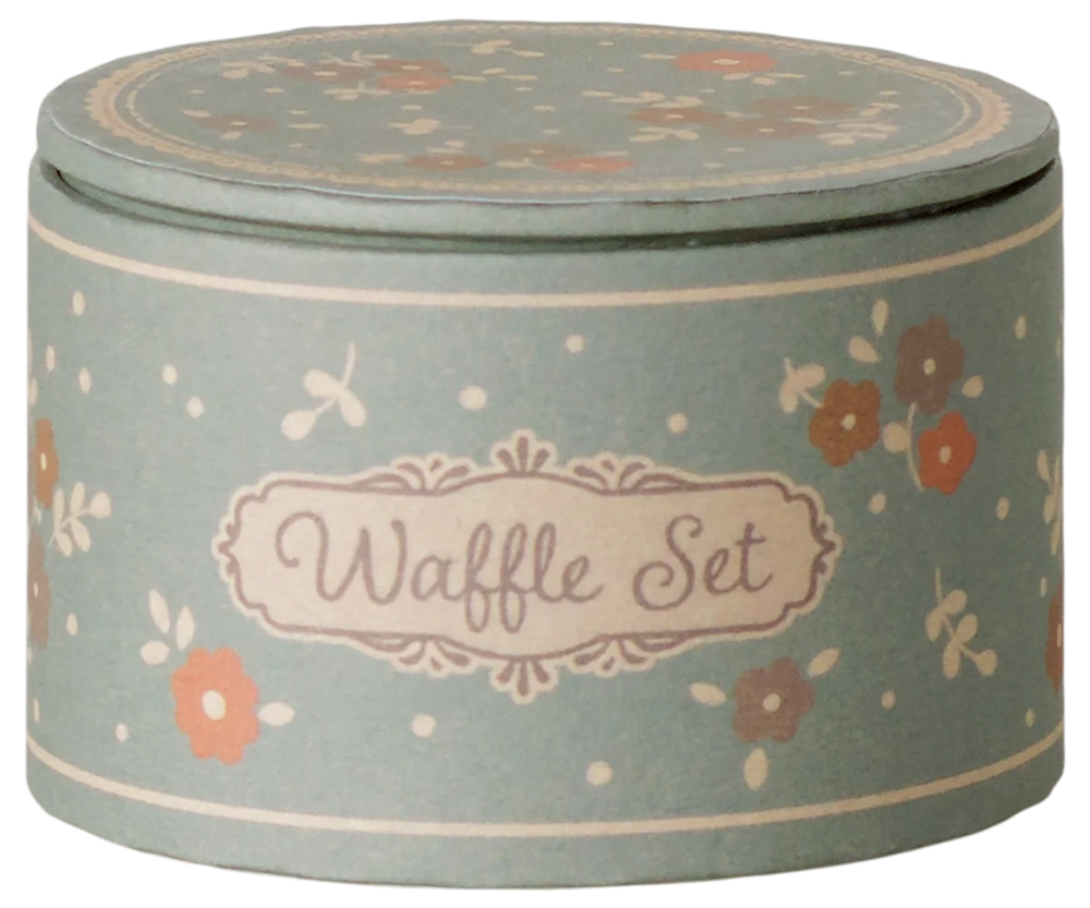 Boxed Maileg Waffle Set tin in blue floral print, mouse dollhouse breakfast accessory