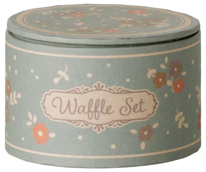 Boxed Maileg Waffle Set tin in blue floral print, mouse dollhouse breakfast accessory