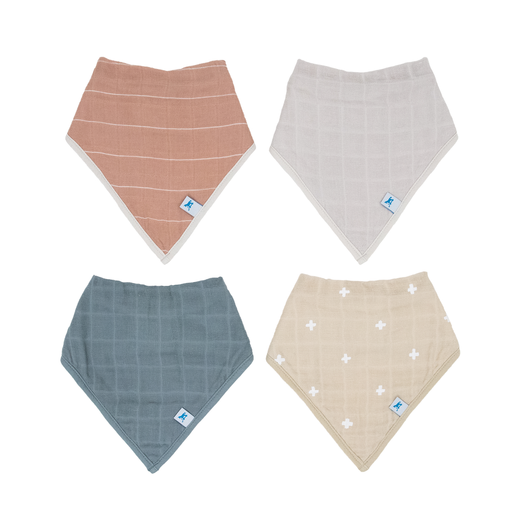 Little Unicorn Cotton Muslin + Fleece Bandana Bib 4 Pack - Mauve Stripe shown folded neatly, stylish and soft baby bibs for daily wear.