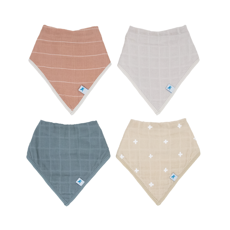 Little Unicorn Cotton Muslin + Fleece Bandana Bib 4 Pack - Mauve Stripe shown folded neatly, stylish and soft baby bibs for daily wear.